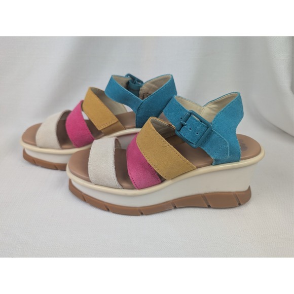 Sorel Joanie III Ankle Strap Wedge Sandals 7 Multicolor Teal Pink Gum Platform - Picture 1 of 8